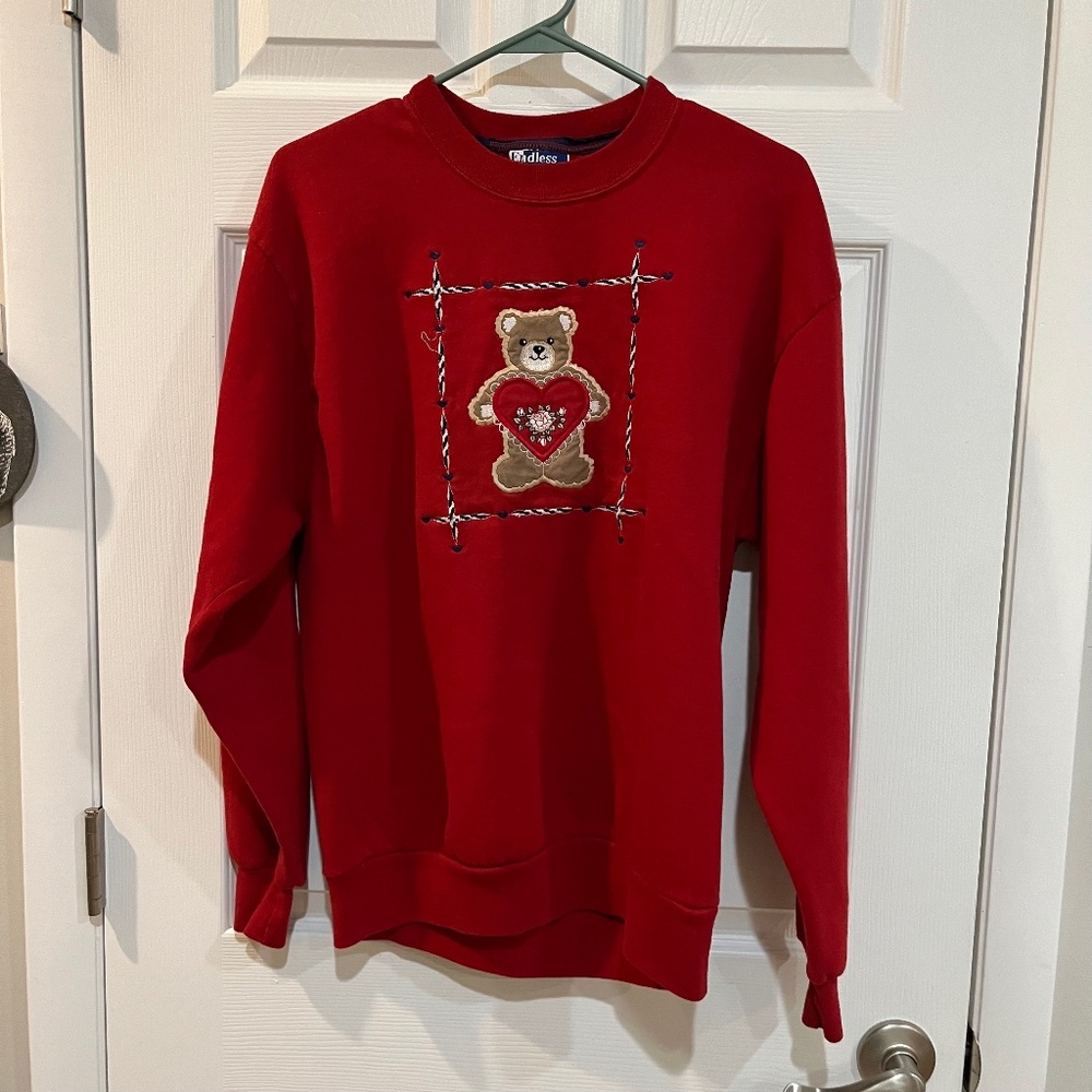 Vintage Endless Design Sweatshirt Teddy Bear Embroidered Handmade Red C08